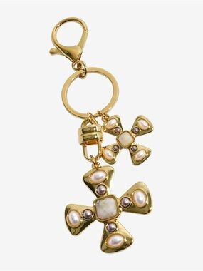 New Emberly Gold Tone Simulated Pearl Brown Bead Cross Bag Charm